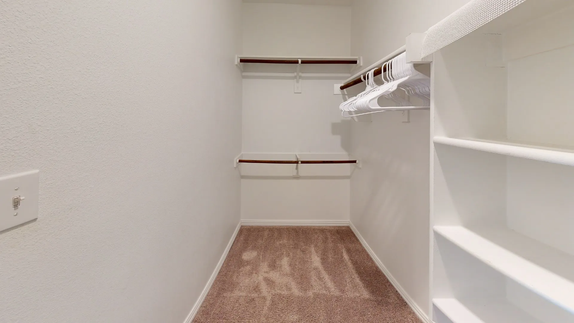 Carpeted flooring with built-in shelving, hanging rods, and integrated storage