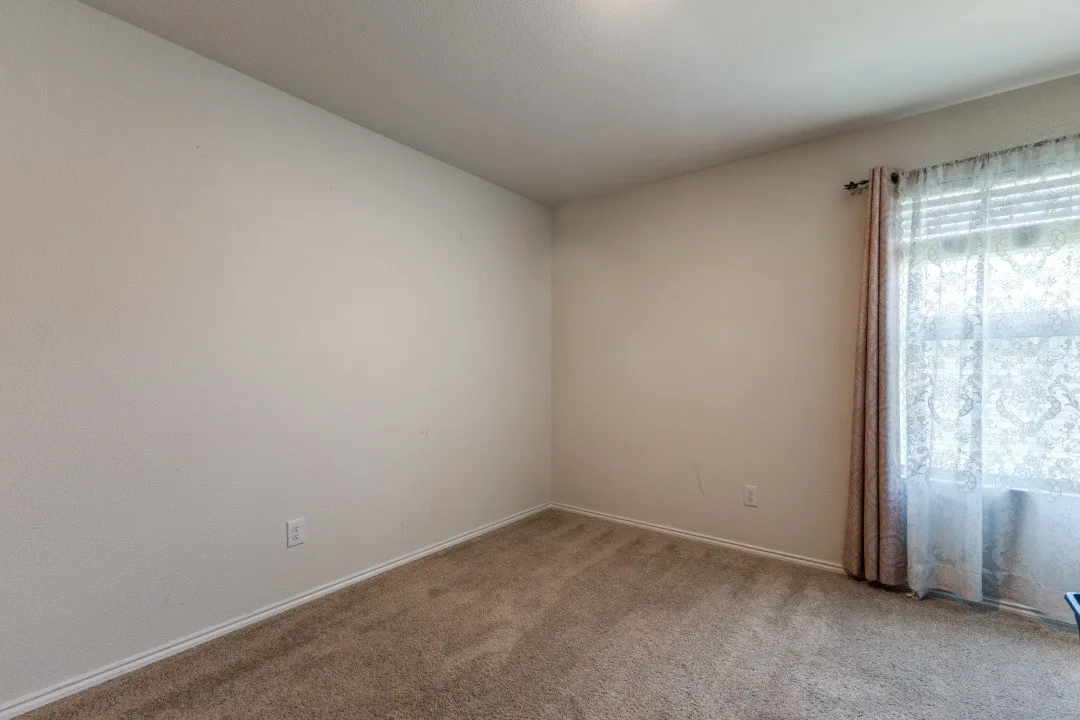 Neutral wall color, carpet flooring, window with natural light, and ceiling light fixture