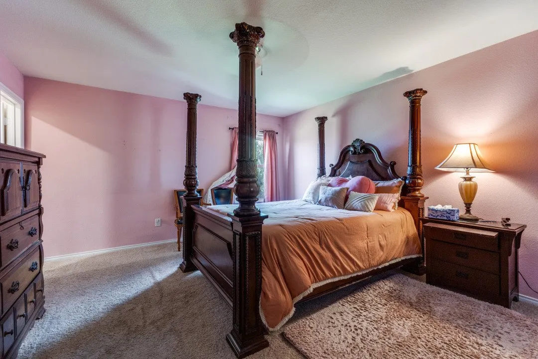 Carpeted flooring, window with curtains, and painted walls