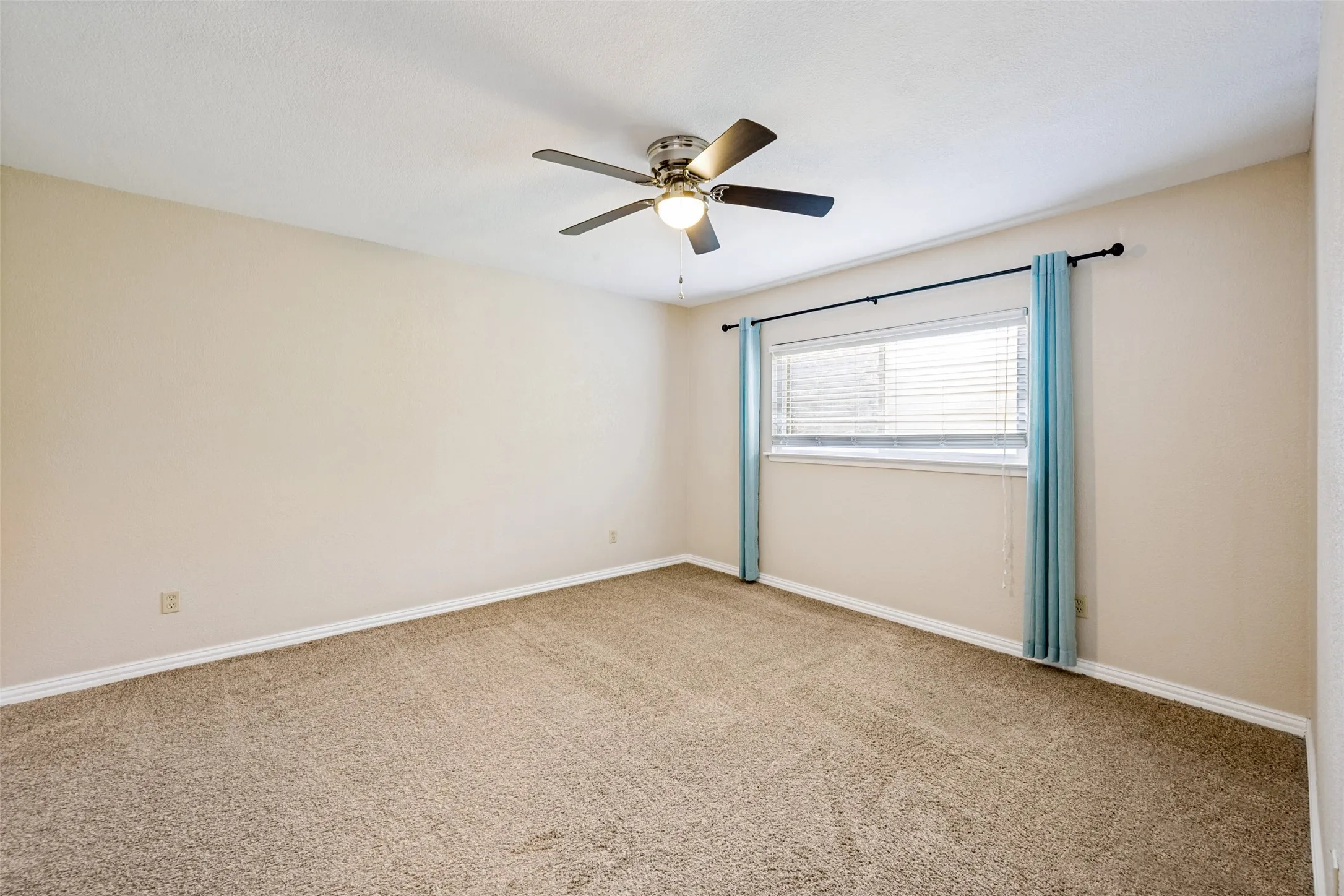Neutral-toned walls complement the carpeted flooring