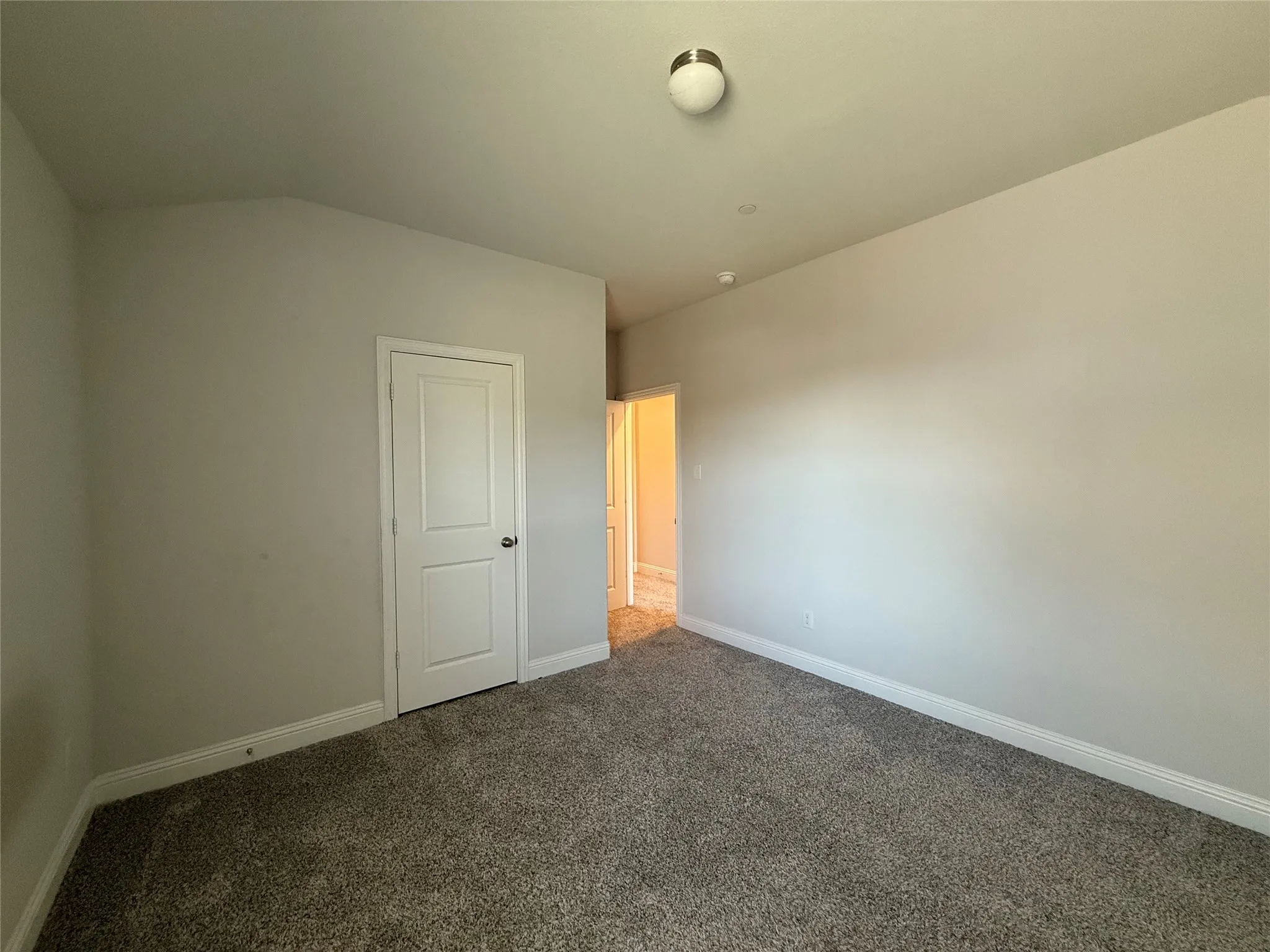 Neutral wall color, textured carpeting, white trim, paneled door, and flush-mount ceiling light fixture