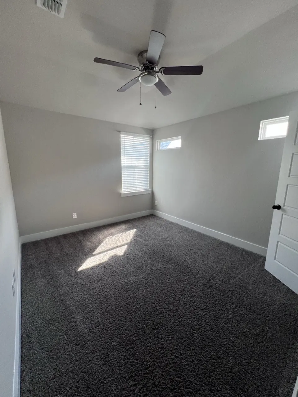 Plush carpet flooring, ceiling fan, multiple windows with blinds, and a paneled door with black hardware