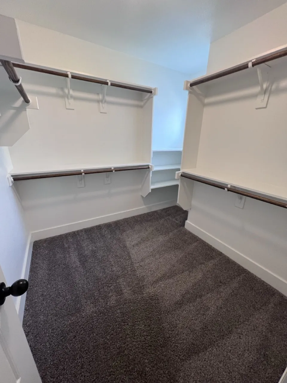 Walk-in closet with dark gray carpet, white walls, multiple shelving units, and clothing rods