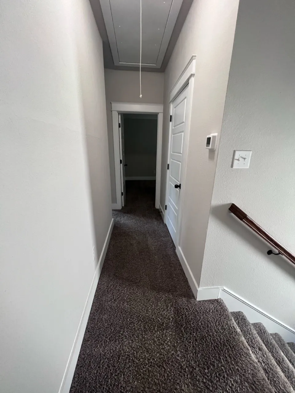 Carpeted flooring, white trim, and a wood handrail