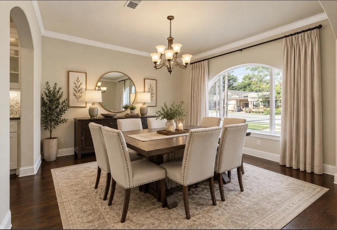 Formal dining space featuring dark wood-finish flooring, an arched entryway, and an arched window with extensive drapery