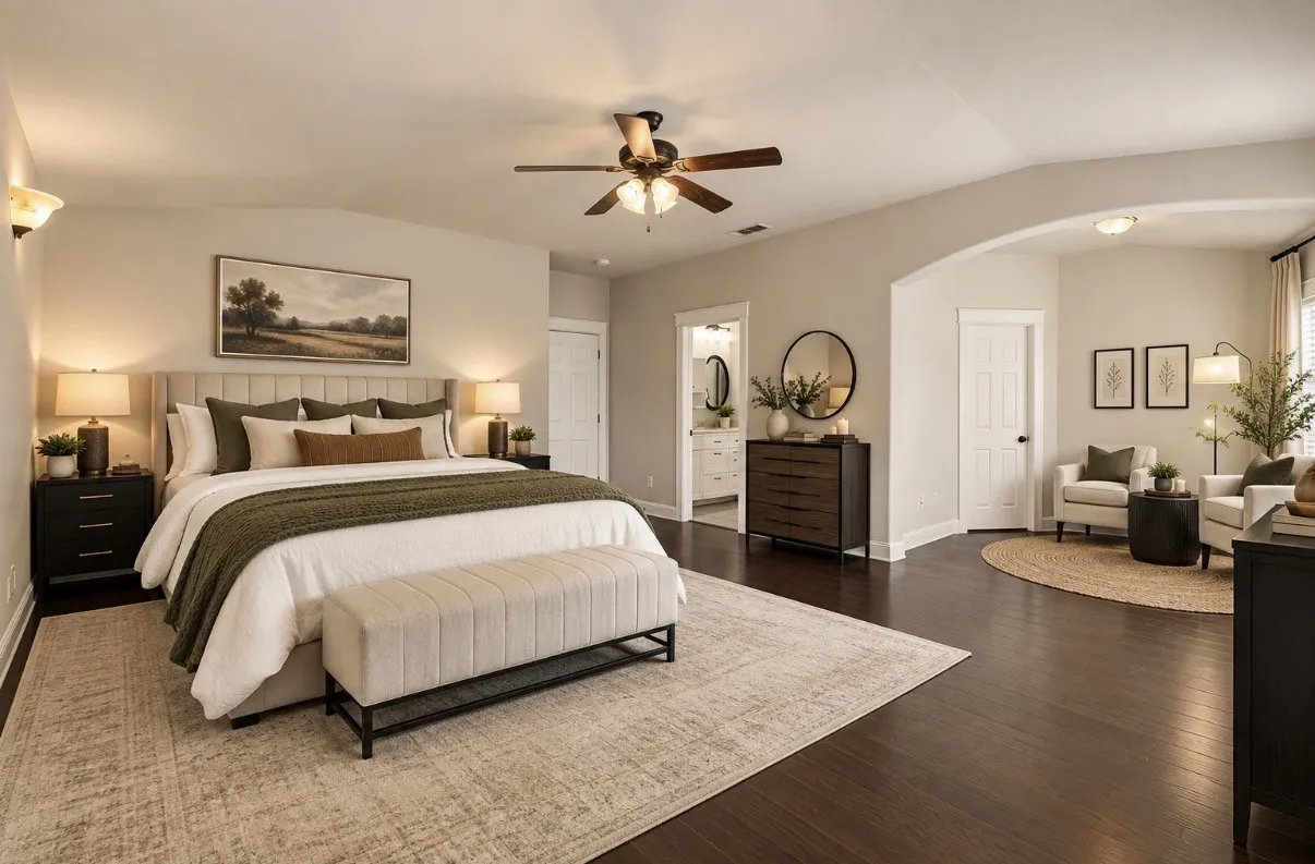 Dark wood-finish flooring, vaulted ceiling with ceiling fan, recessed lighting, and an arched doorway