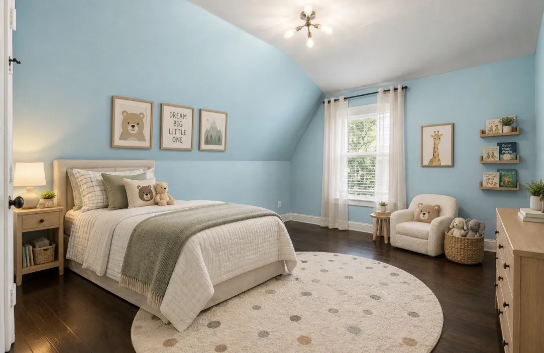 Vaulted ceiling with a contemporary flush mount light fixture