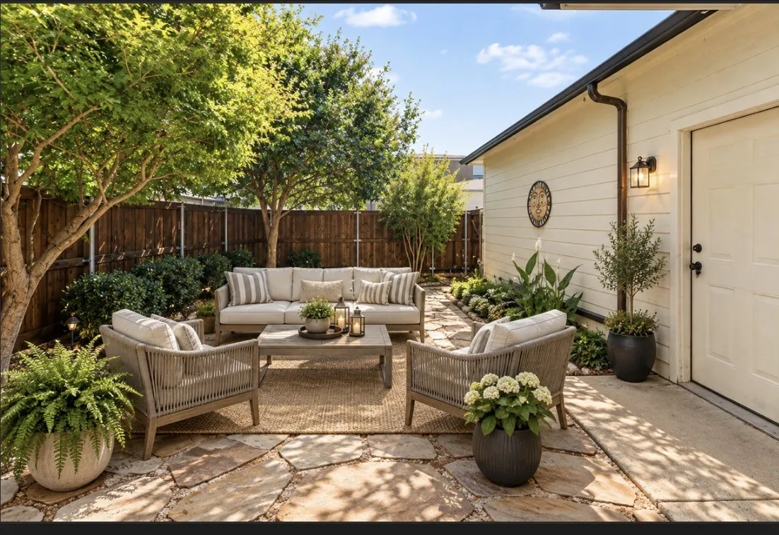 Flagstone patio featuring mature trees, a wood privacy fence, and an exterior wall with a light fixture
