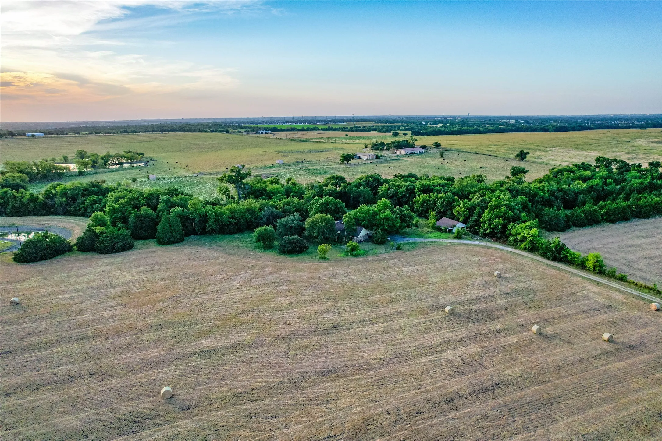 Expansive rural acreage featuring a natural tree line, multiple structures, and a winding access road