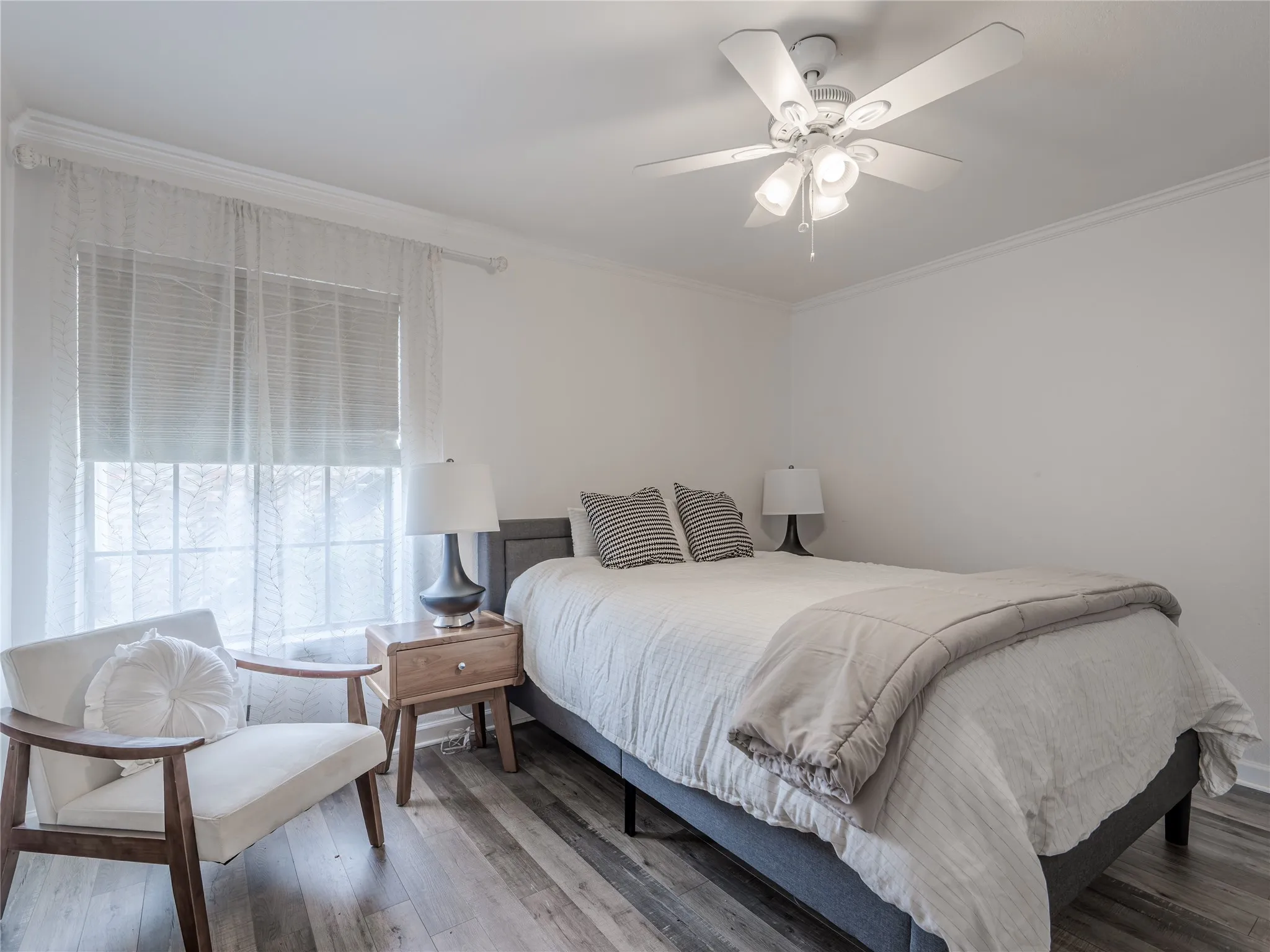 Wood-finish flooring with a neutral color palette