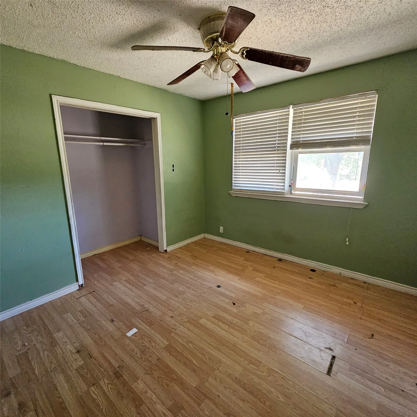 Wood-finish flooring, overhead ceiling fan with lighting, and window with blinds
