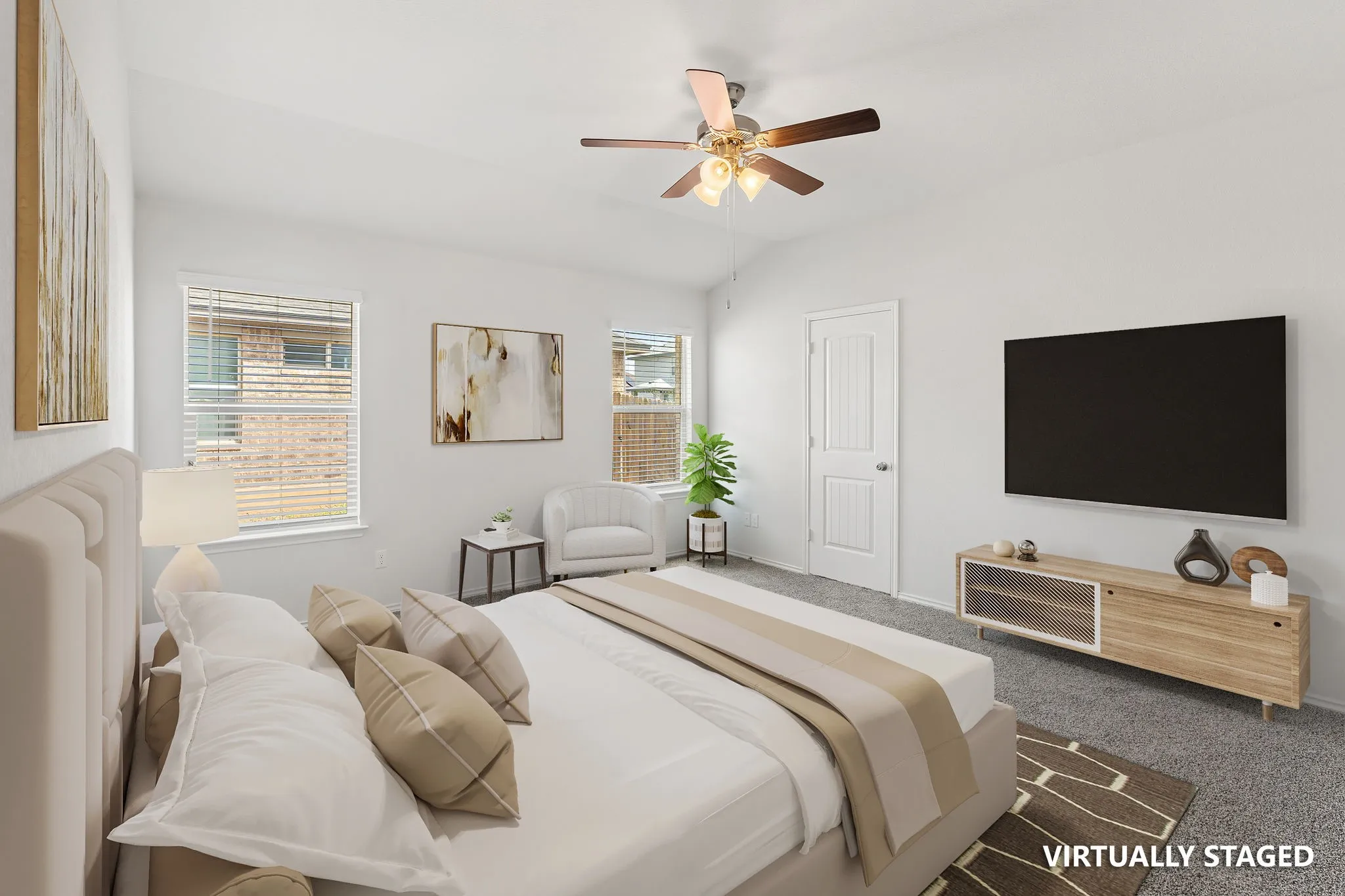 Virtually Staged Carpeted bedroom featuring multiple windows with blinds, a ceiling fan, and a paneled door