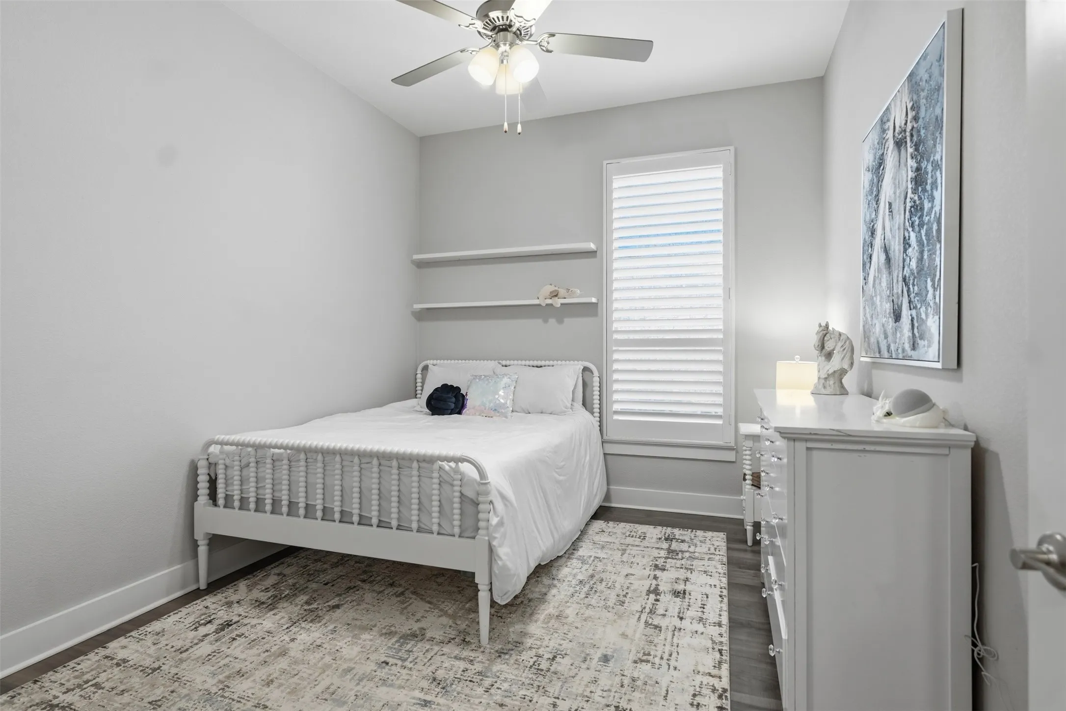 Bedroom 4 Ensuite - Recessed lighting, ceiling fan, wood-finish flooring, two wall-mounted shelves, and window with horizontal blinds