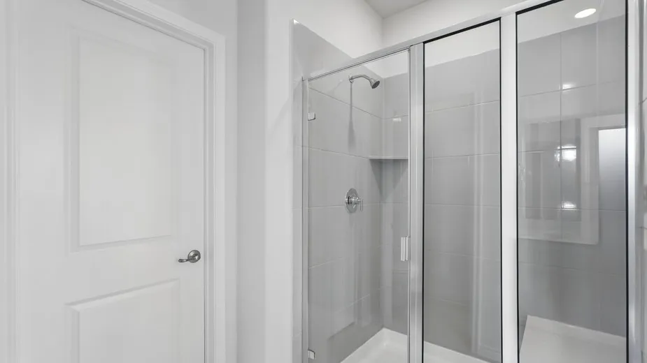 Glass-enclosed shower with tiled walls and a built-in shower niche