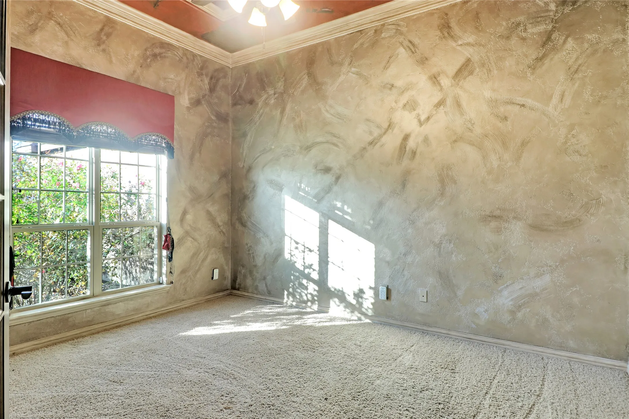 Textured wall finish, ceiling fan with light fixture, crown molding, window with gridded panes, carpeted flooring