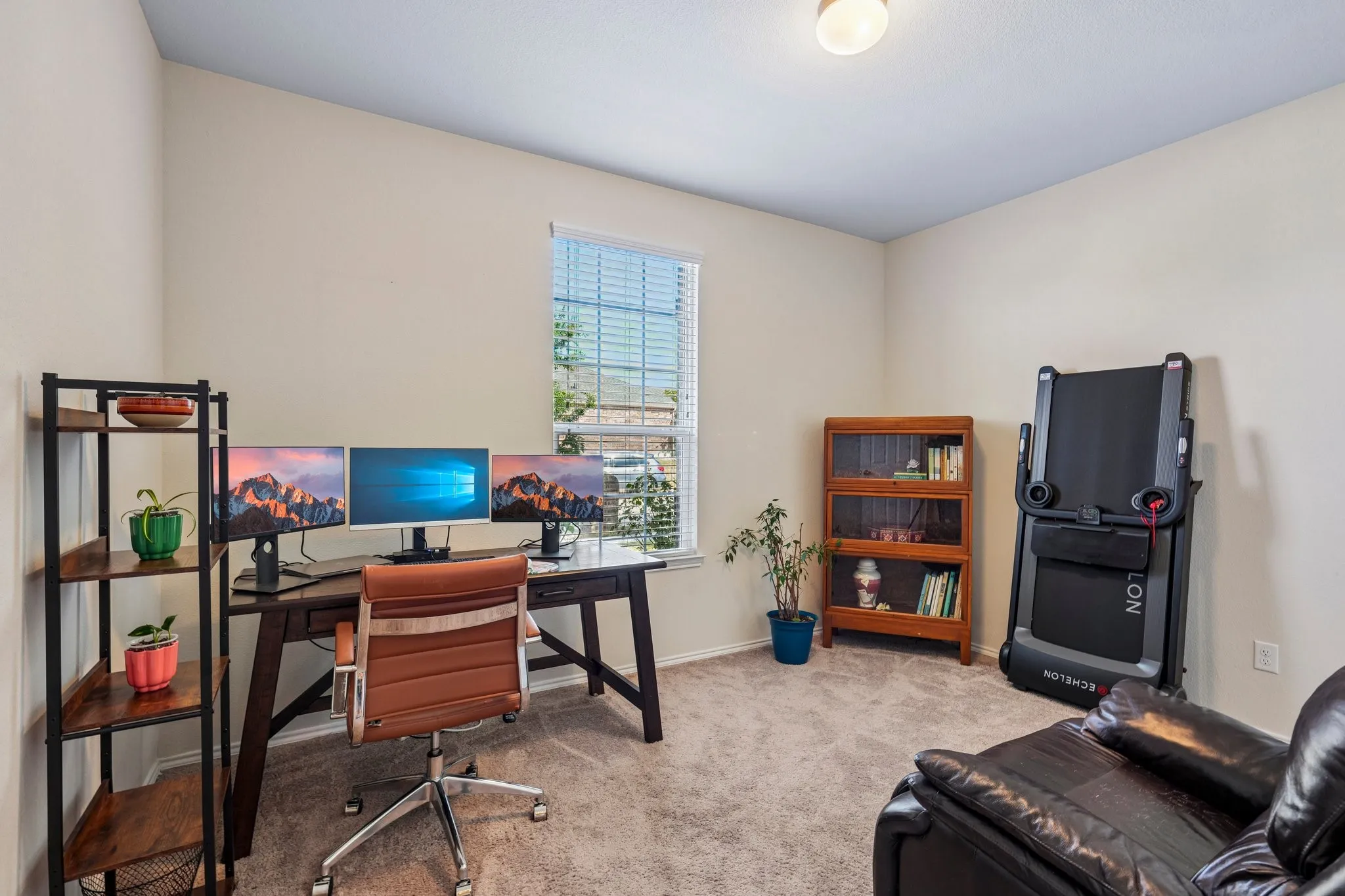 Carpeted room with a single window, overhead lighting, and neutral wall tones