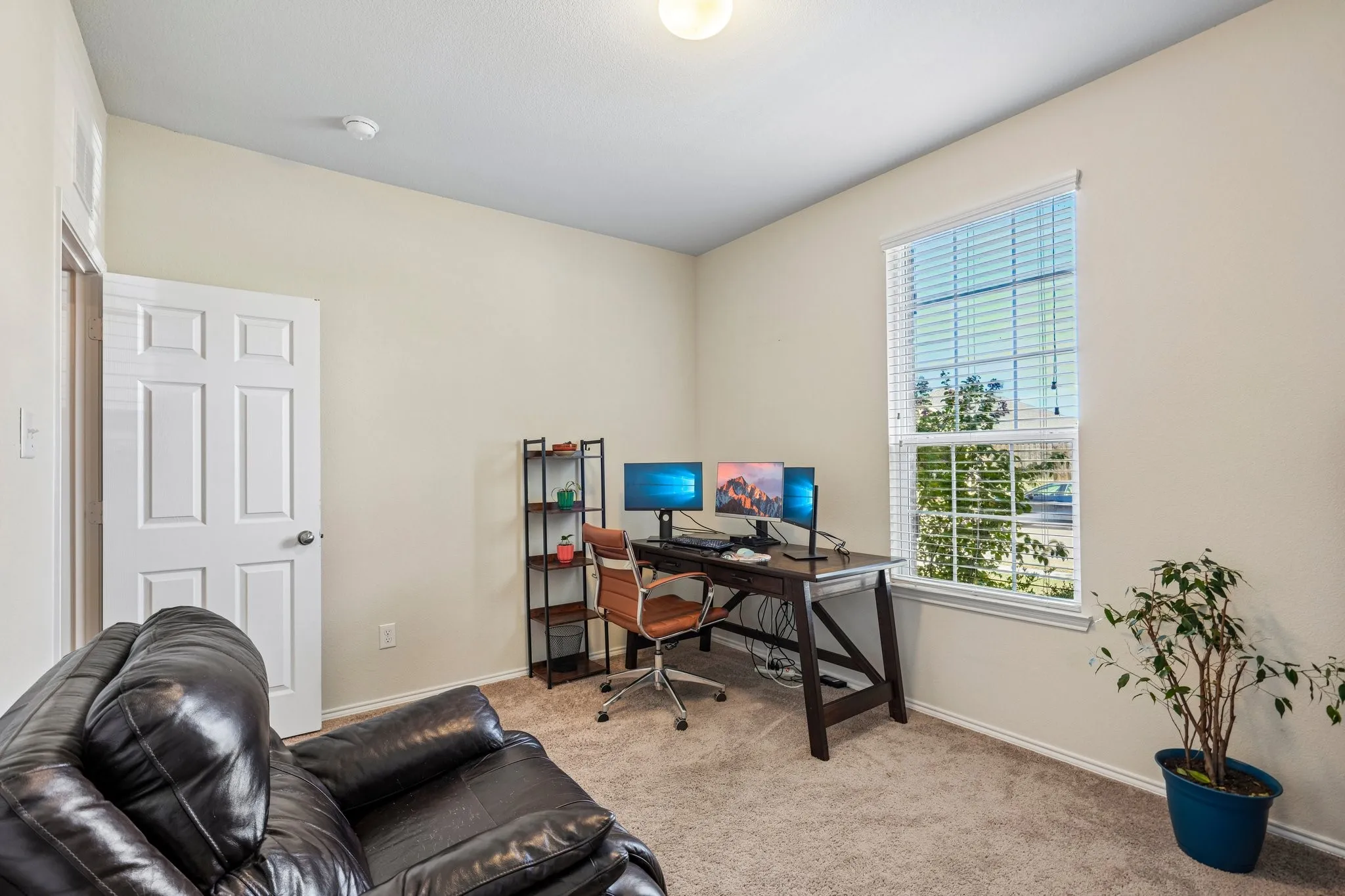 Neutral-toned walls complement the carpeted flooring and white window blinds
