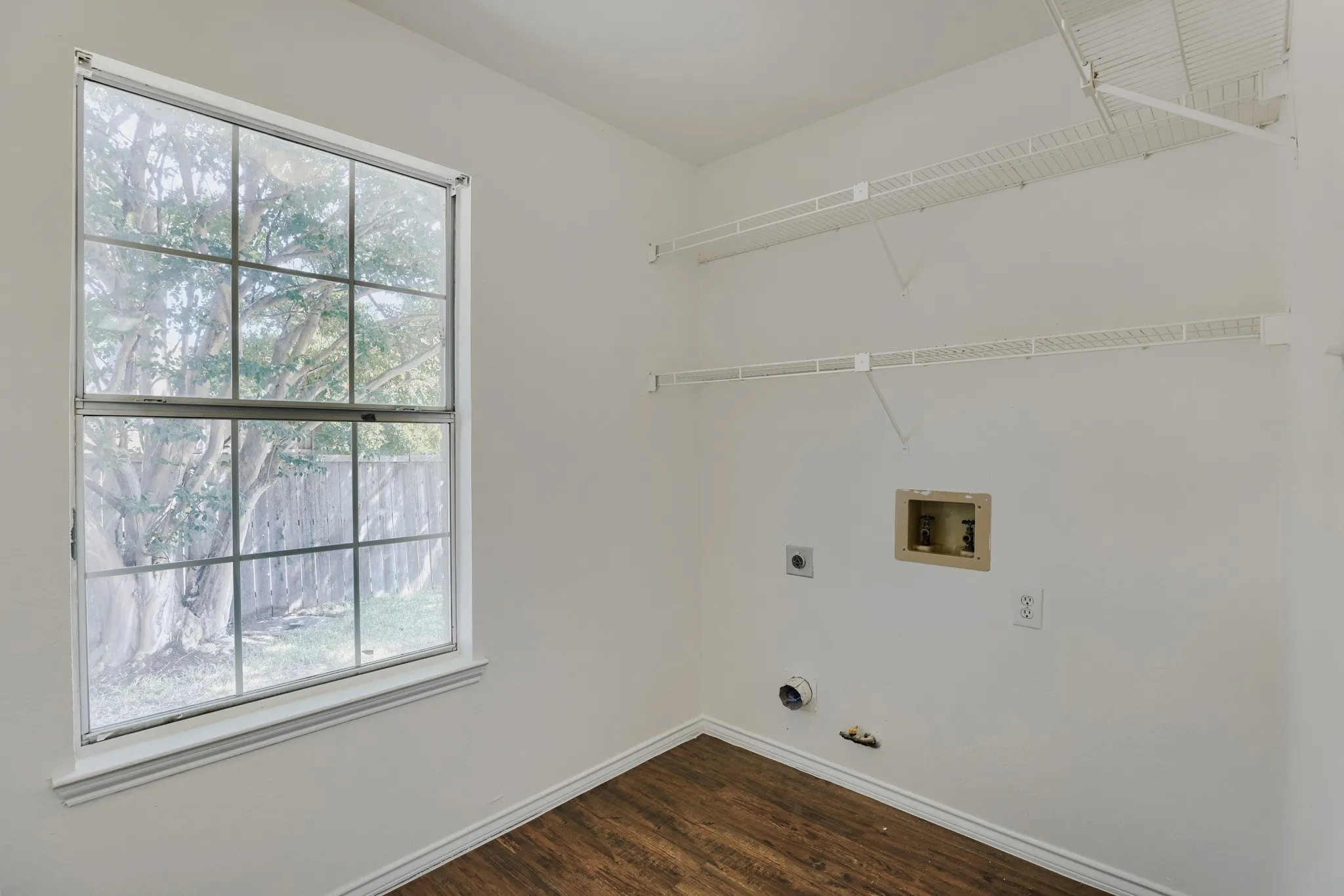 Bright corner room bathed in natural light through a large multi-pane window overlooking mature trees