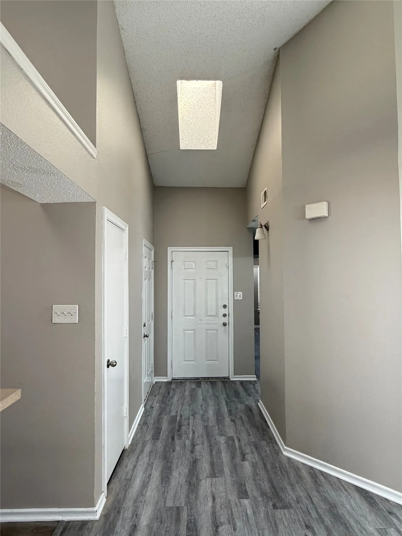 Entryway featuring wood-finish flooring, white trim, and a rectangular ceiling light fixture