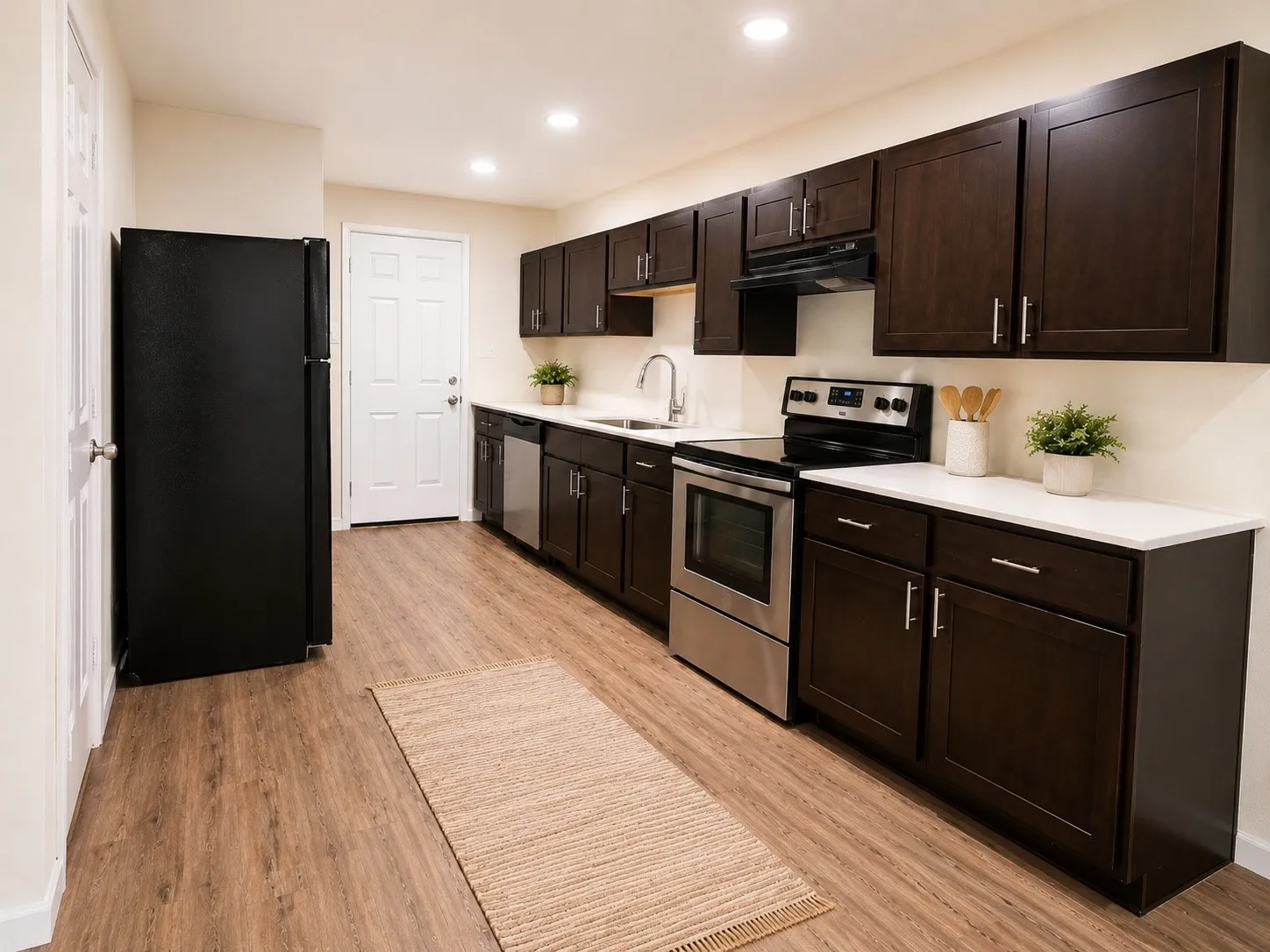 Kitchen featuring wood-finish flooring, dark wood cabinetry, white countertops, and stainless steel appliances