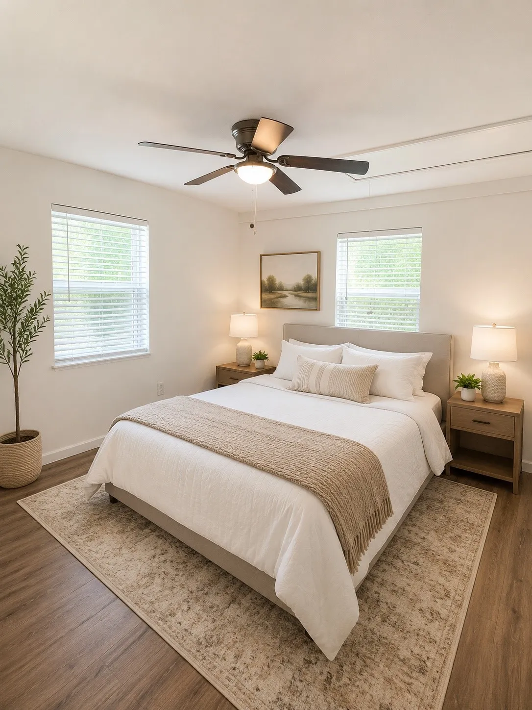 Wood-finish flooring with a ceiling fan light fixture
