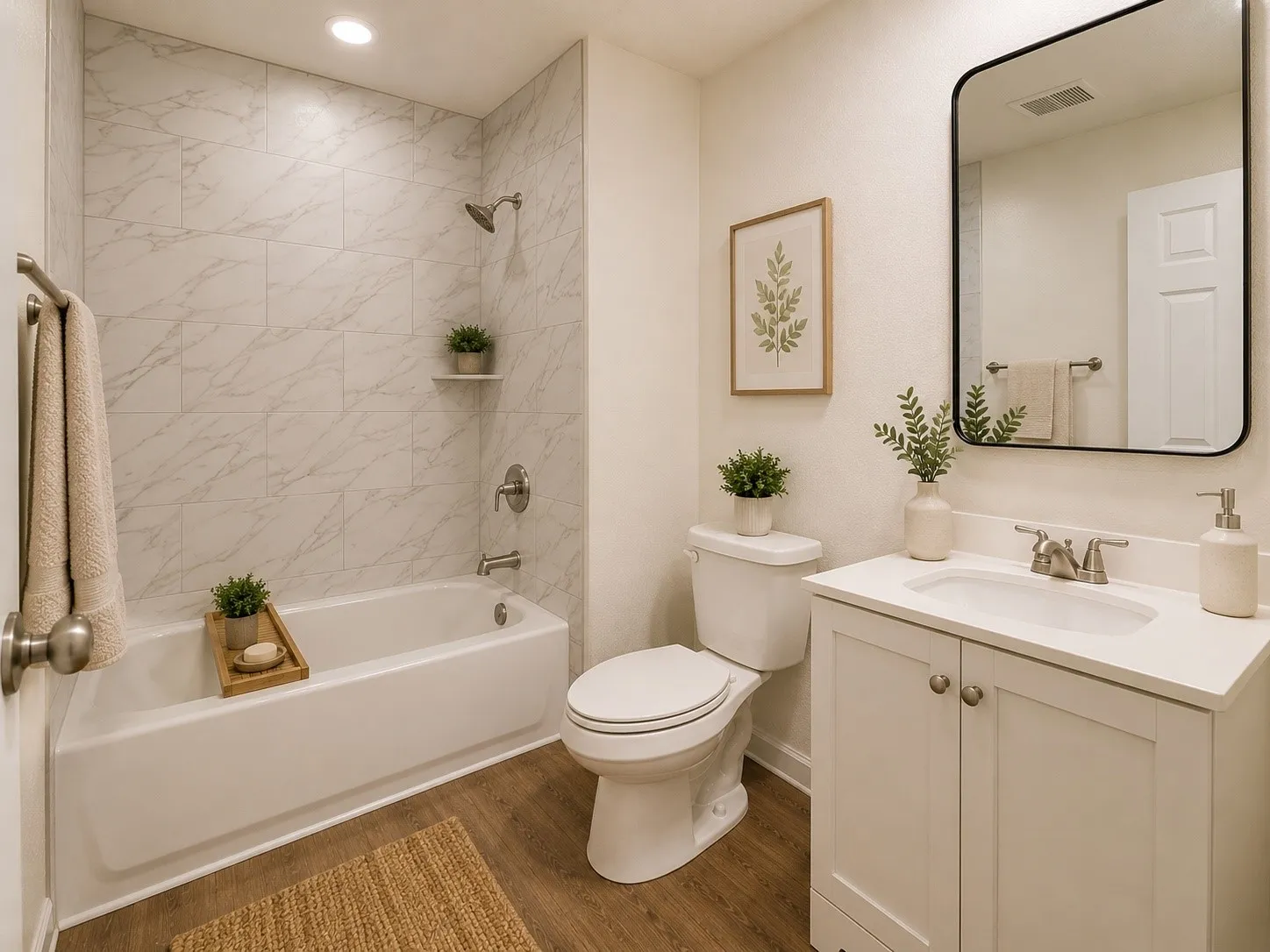 Bathroom featuring a white vanity with an integrated sink, a rectangular mirror with a black frame, and a bathtub with a tiled surround