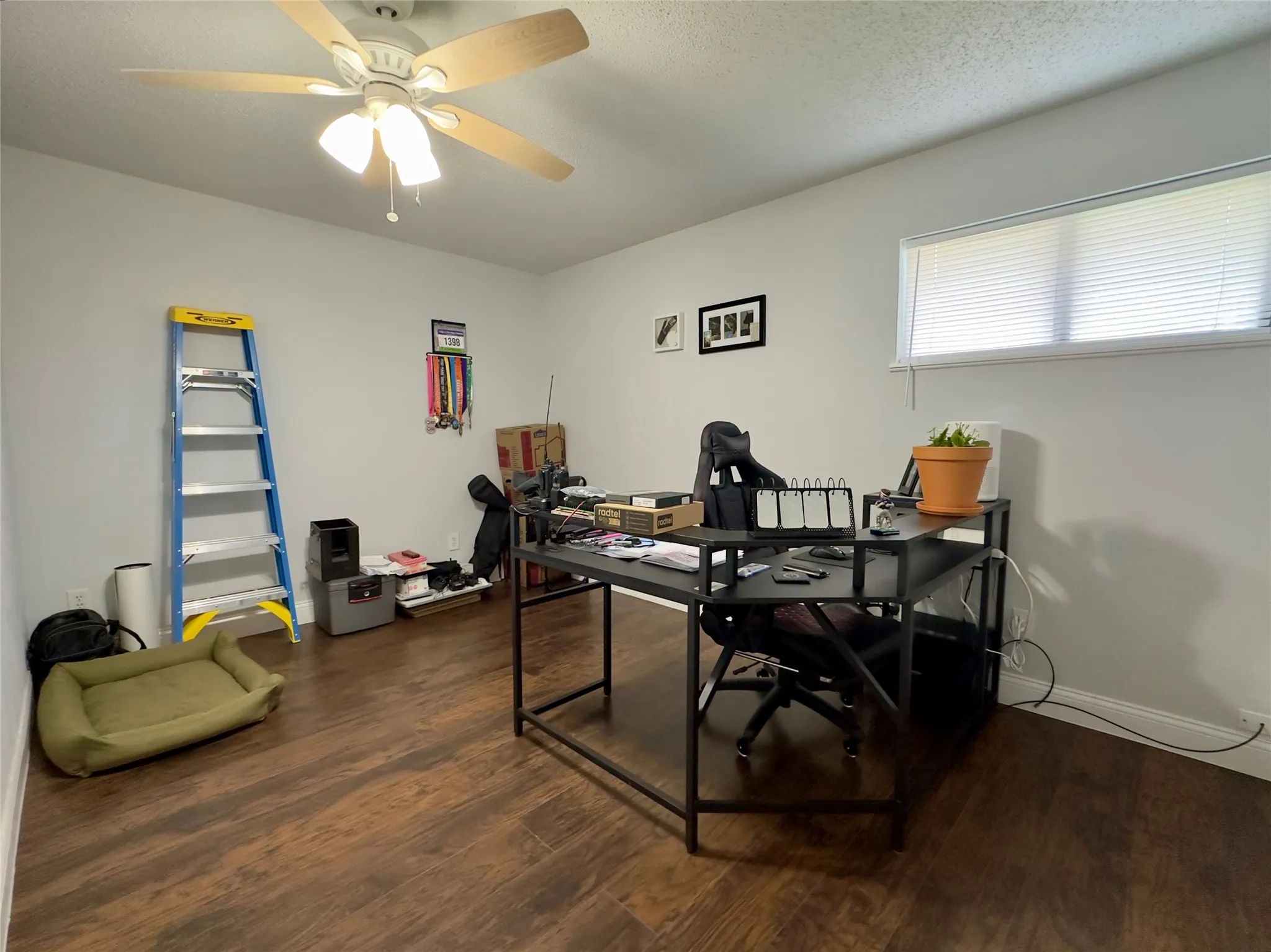 Wood-finish flooring with light gray walls, featuring a ceiling fan with light fixture and a single window with blinds