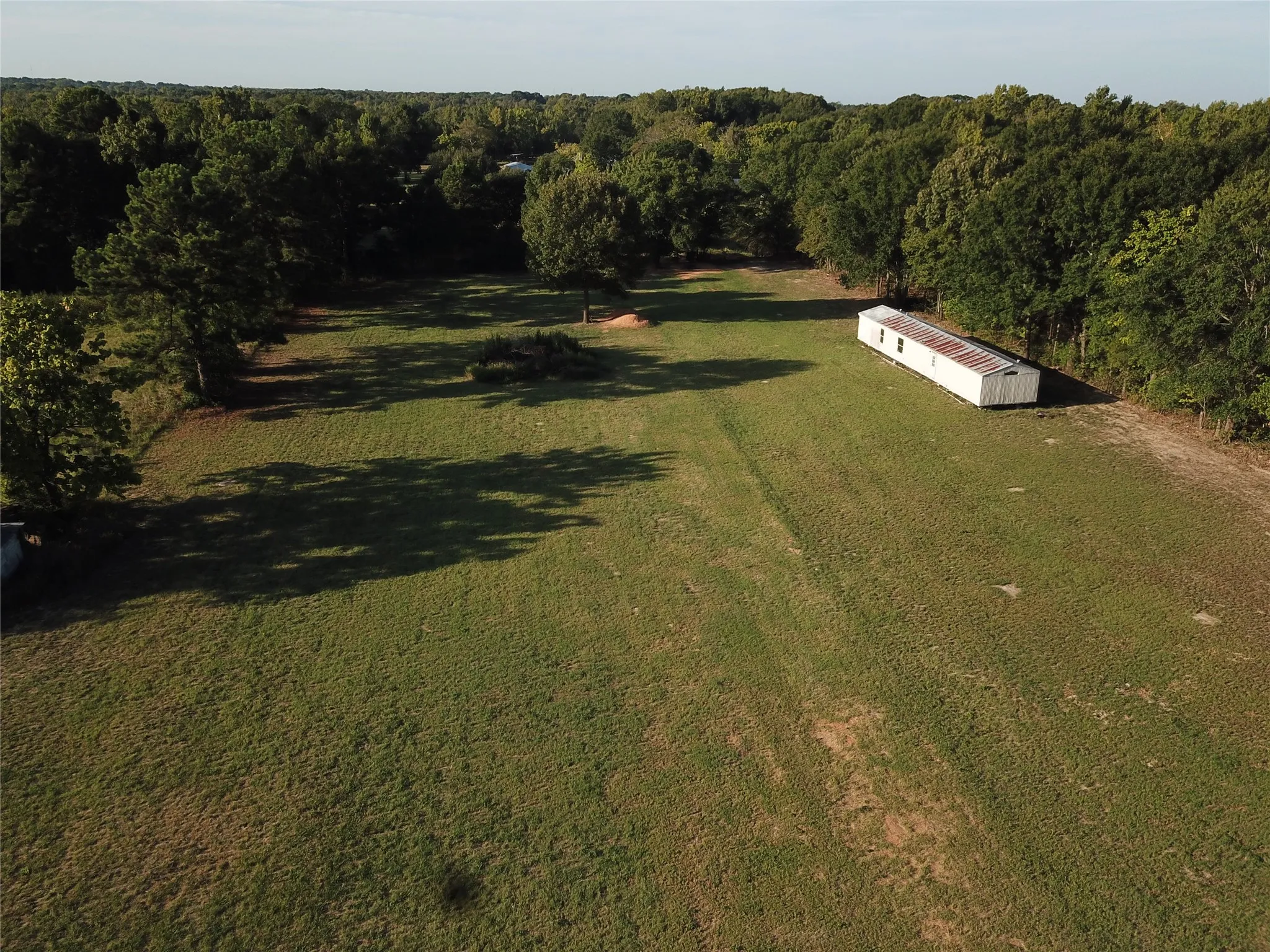 Expansive green space bordered by mature trees