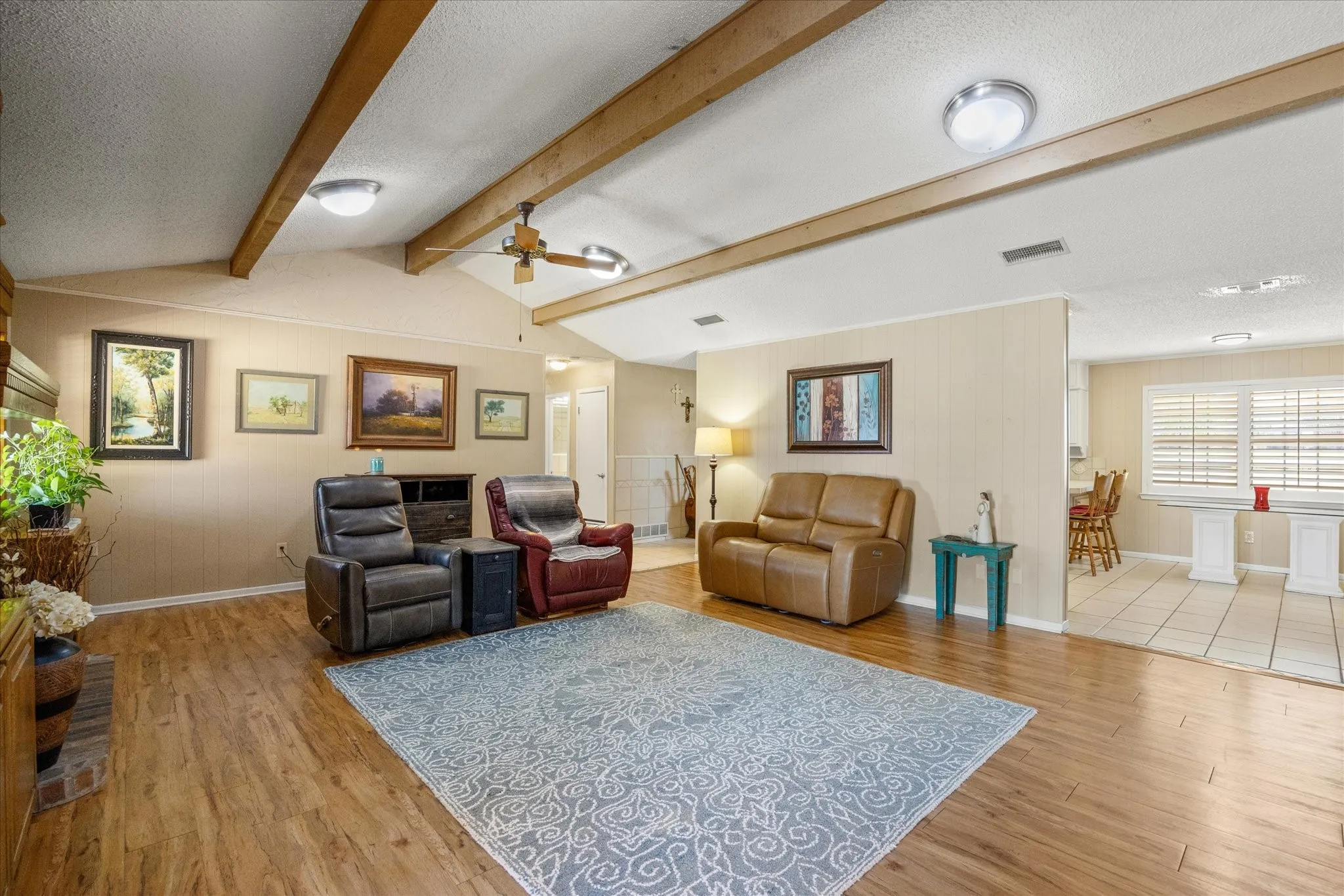 Vaulted ceiling with exposed wood beams