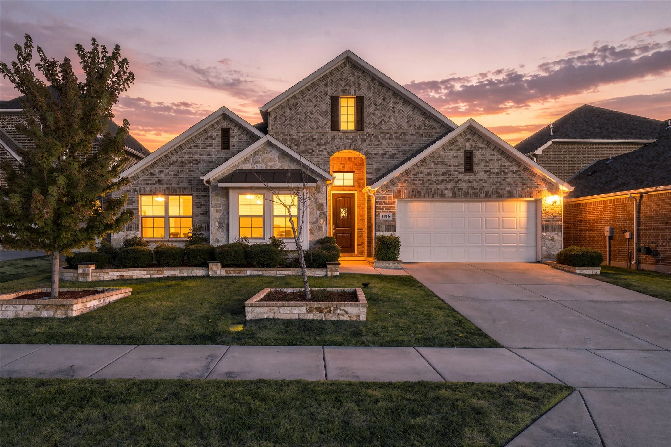 Brick and stone exterior with gabled roof lines