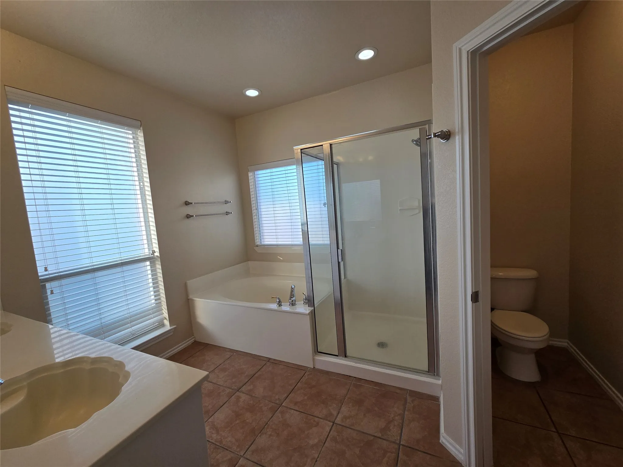 Bathroom featuring vanity, a stall shower, a bath, dark tile patterned flooring, and recessed lighting