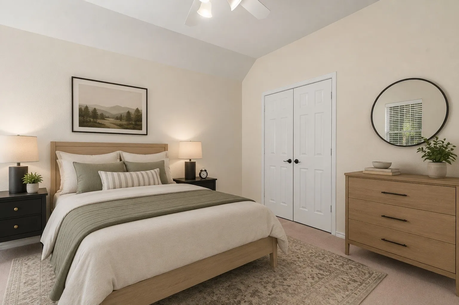 Vaulted ceiling, ceiling fan, bi-fold closet doors, light wood-finish bed frame, light wood-finish dresser