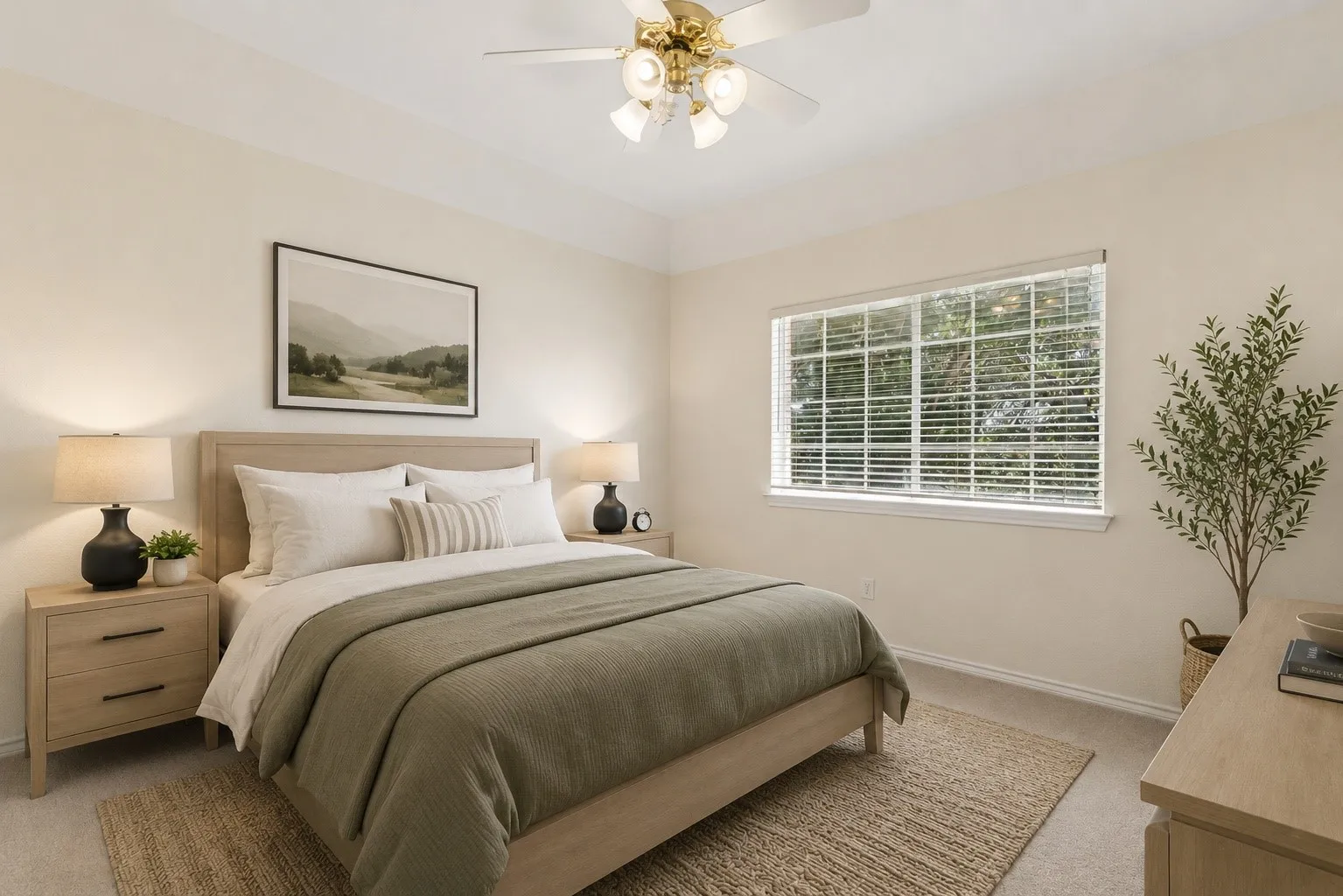 Tray ceiling with a ceiling fan, recessed window with blinds, and light-toned wall paint
