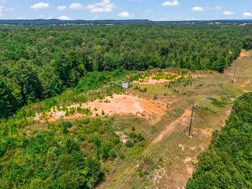 Expansive land parcel featuring dense tree coverage, open clearings, and existing utility poles