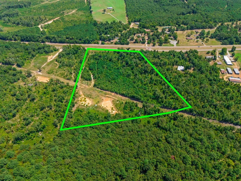 Expansive wooded acreage with a defined boundary, featuring dense tree coverage and proximity to a paved highway
