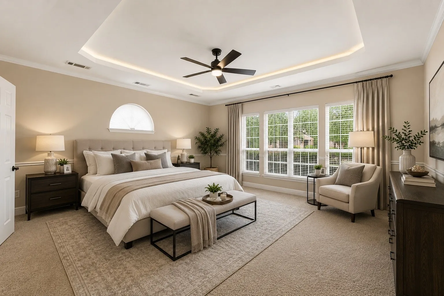 Virtually Staged Recessed tray ceiling with integrated lighting, complemented by a ceiling fan
