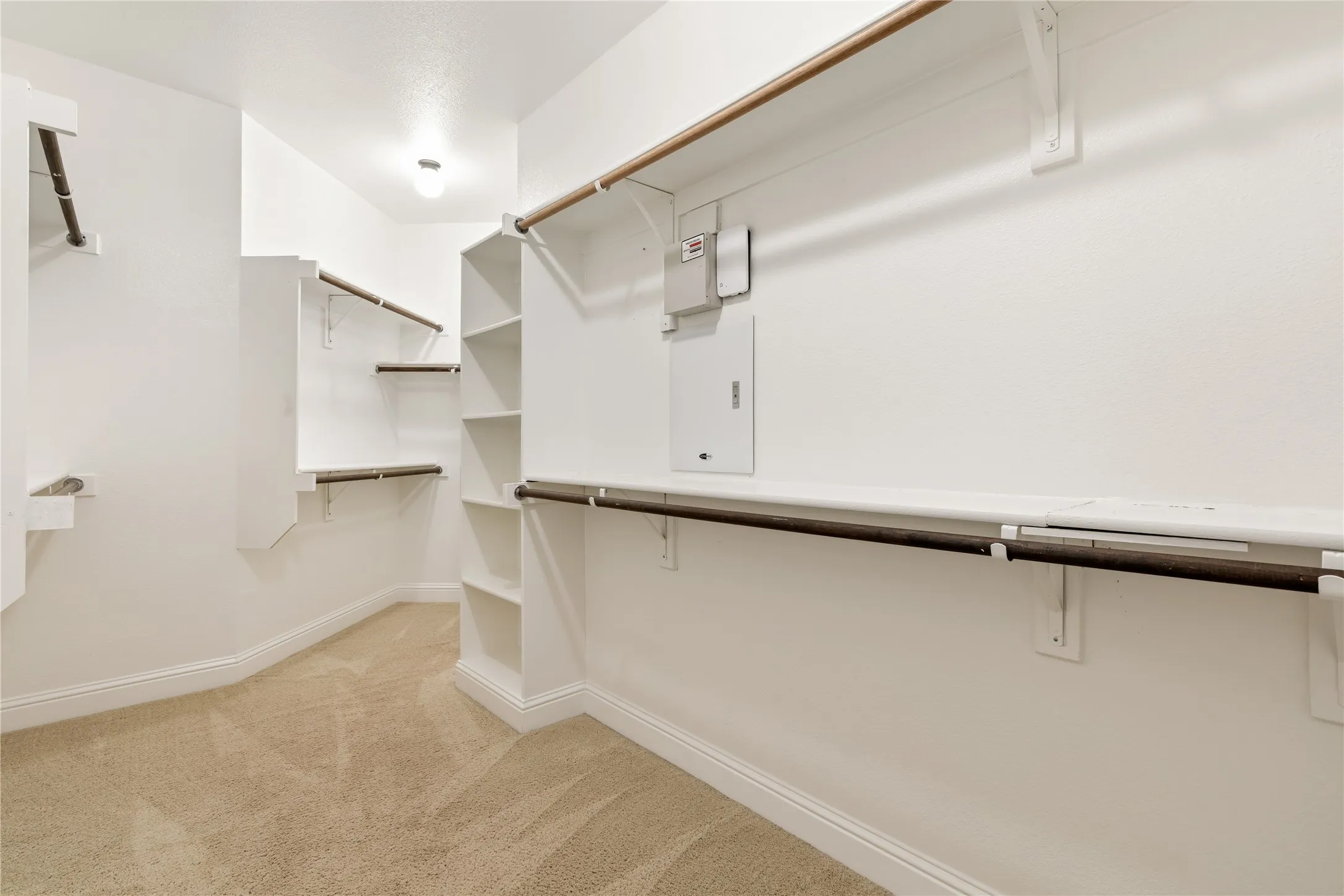Walk-in closet featuring light-toned carpeting, white walls, multiple hanging rods, built-in shelving, and baseboard trim