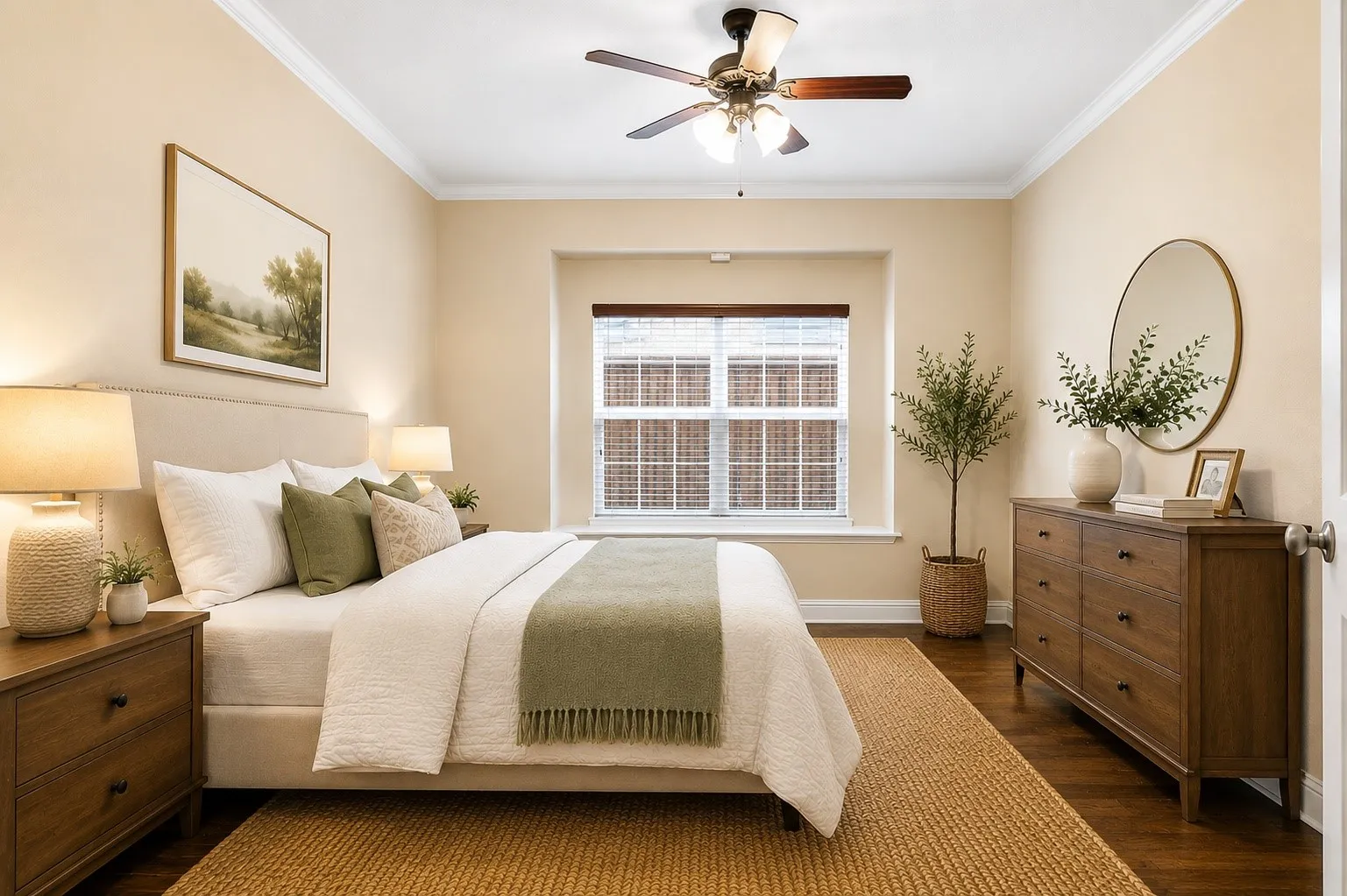 Wood-finish flooring with crown molding and a ceiling fan