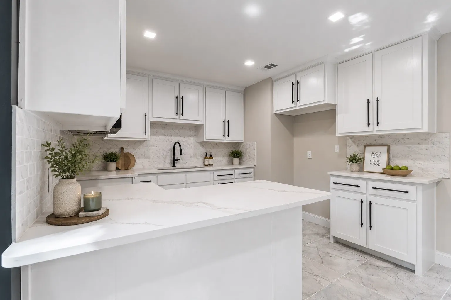 All new kitchen cabinets and counters.