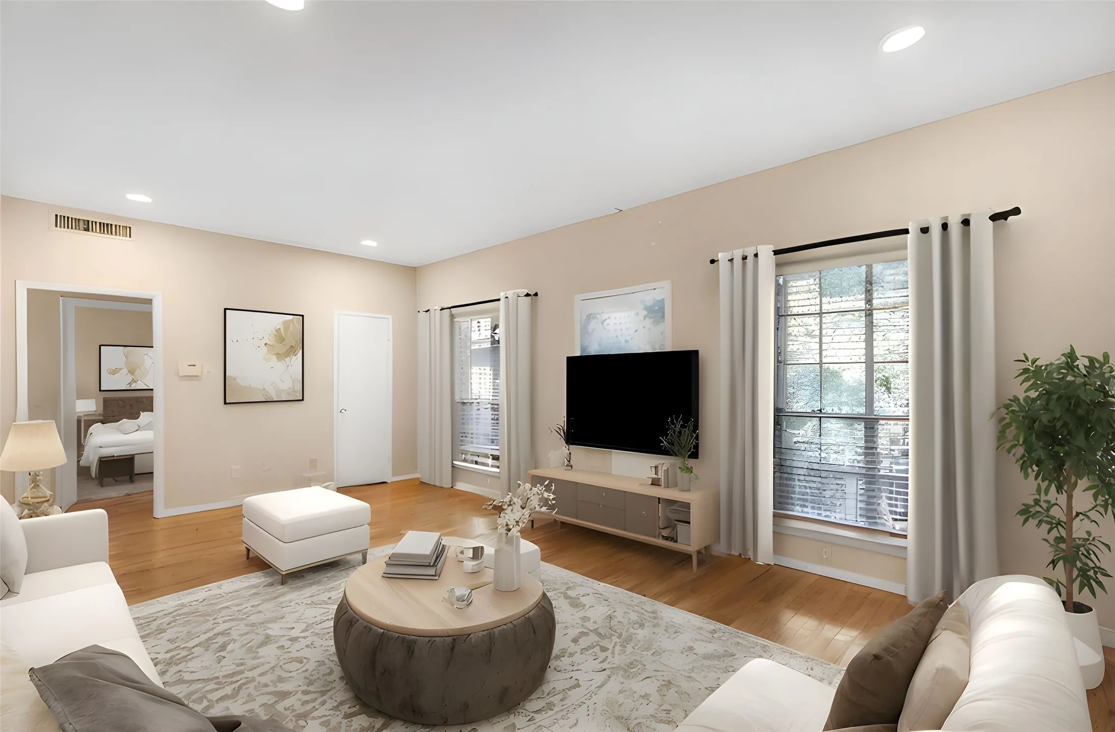 Virtual Staging - Living area with recessed lighting, plenty of natural light, and light wood-type flooring