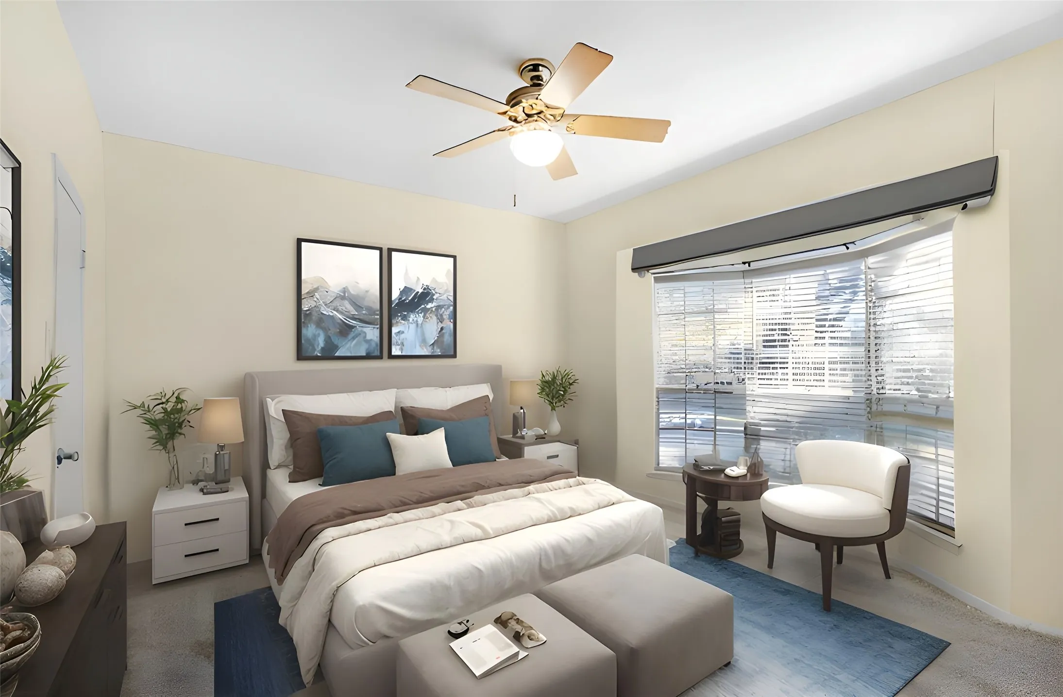 Virtual Staging -Bedroom with carpet flooring and ceiling fan