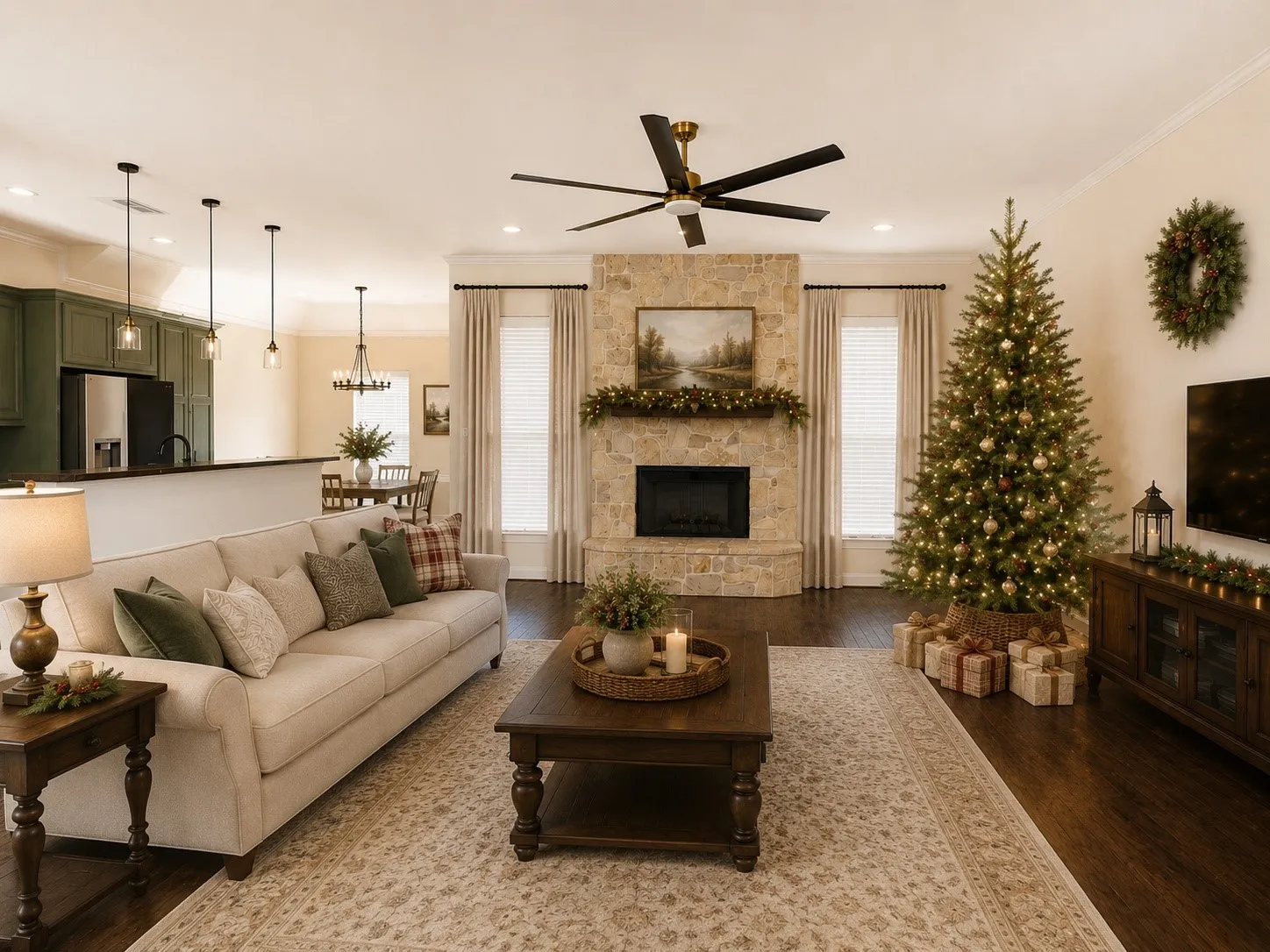 Stone fireplace with an integrated hearth, hardwood-finish flooring, recessed lighting, ceiling fan, and pendant light fixtures