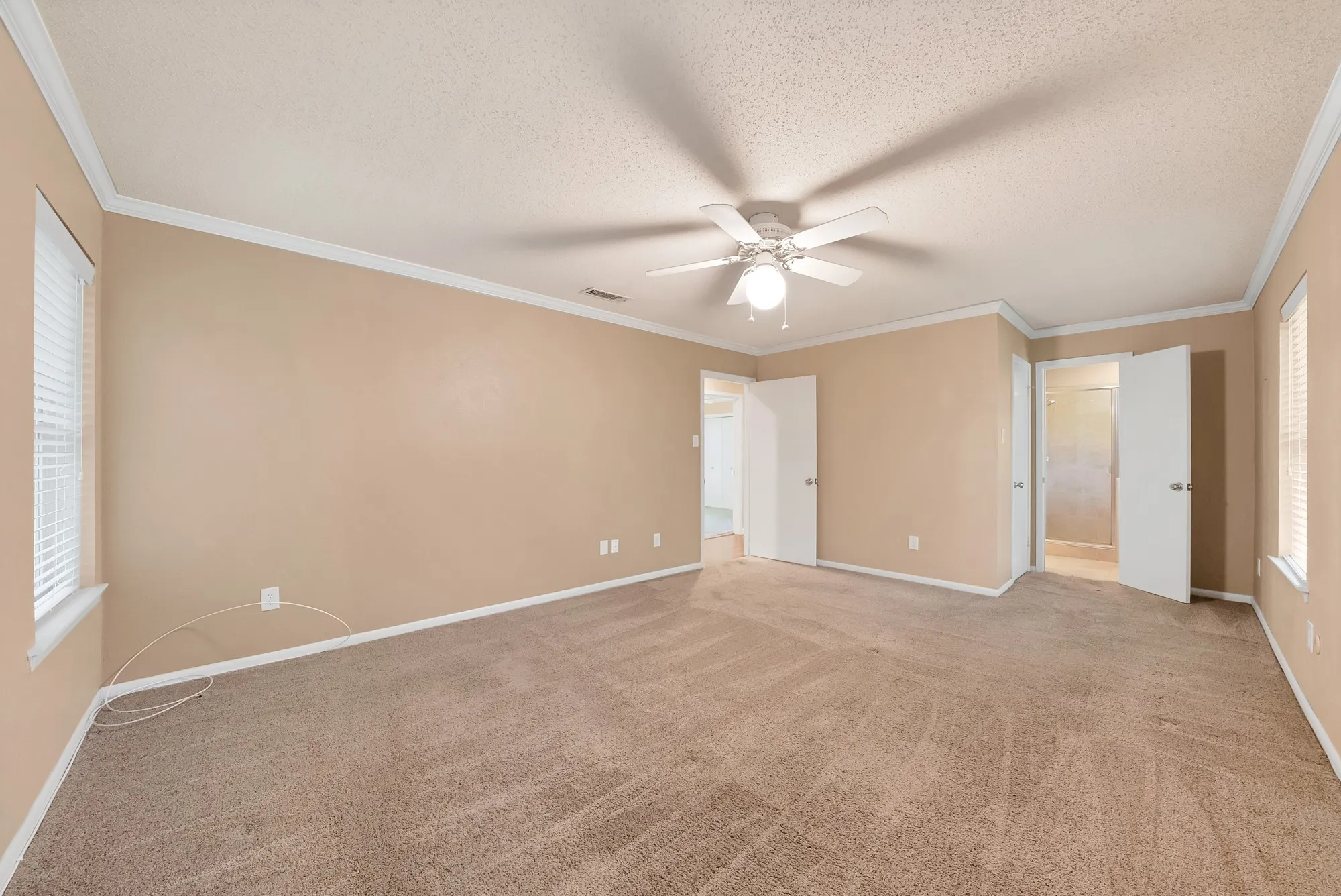Spacious room featuring carpeting, two windows with blinds, a ceiling fan with light, and crown molding