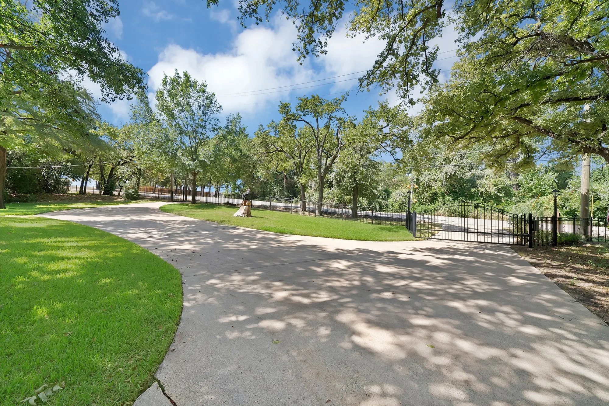 Gated entry with ornamental iron fencing, concrete drive, and mature trees