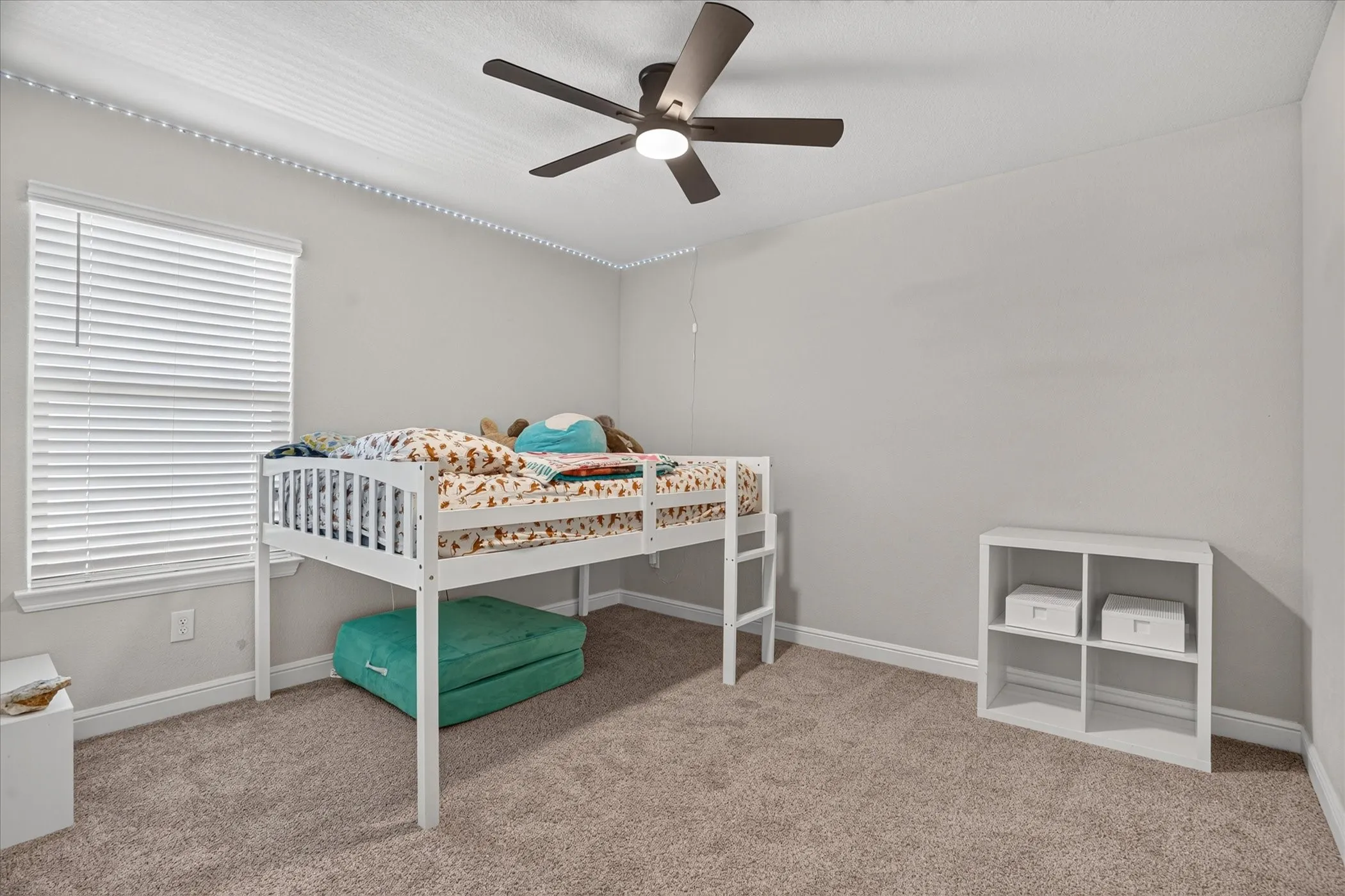 Textured carpeting, neutral wall tones, and overhead ceiling fan with light fixture