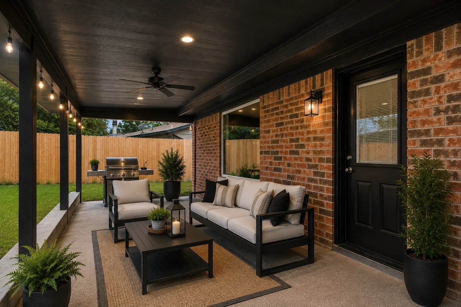 Large covered patio with a fan, and fresh epoxy coating on the concrete.