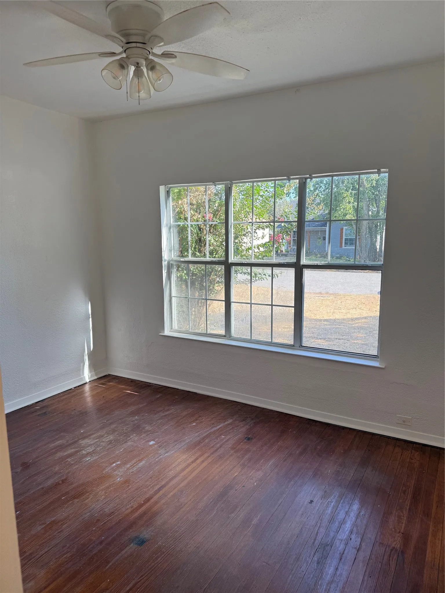 Hardwood flooring, multi-pane window, and a ceiling fan with integrated lighting