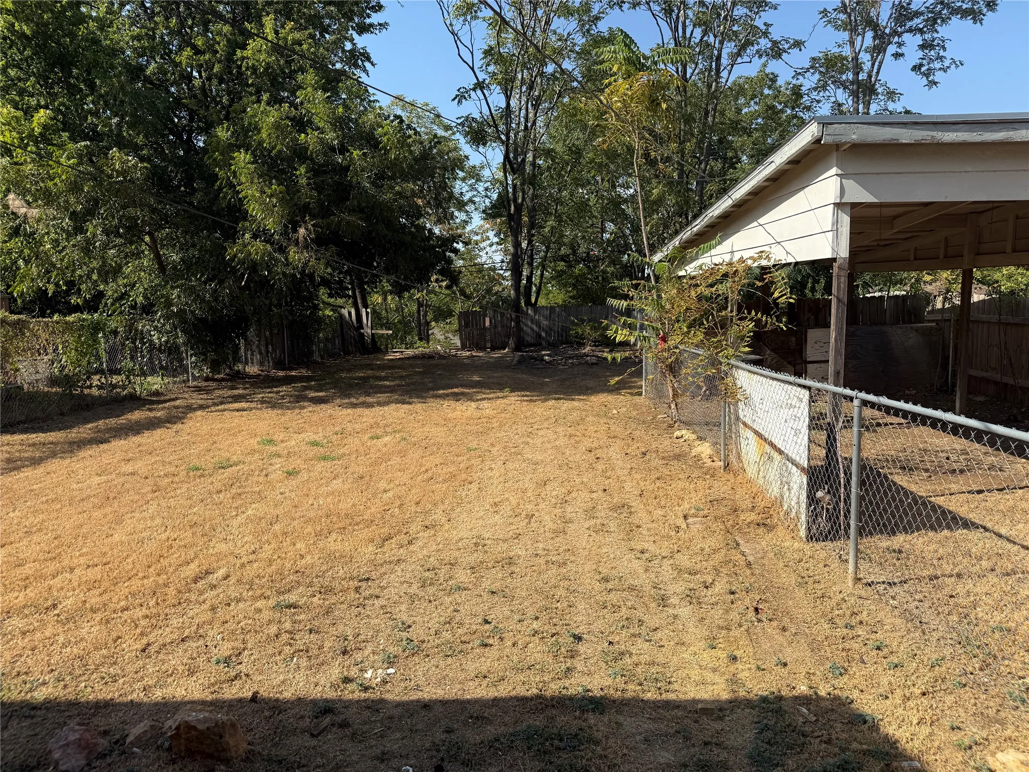 Expansive yard with mature trees and perimeter chain-link fencing