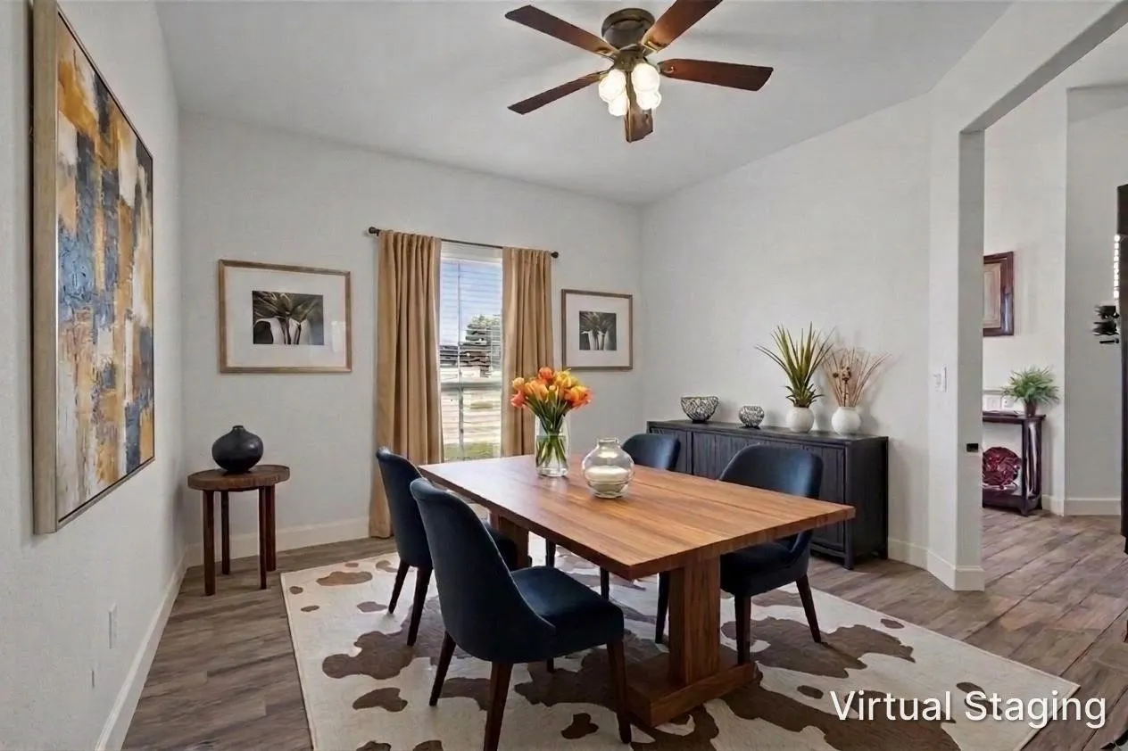 Digitally staged from sitting room to dining room