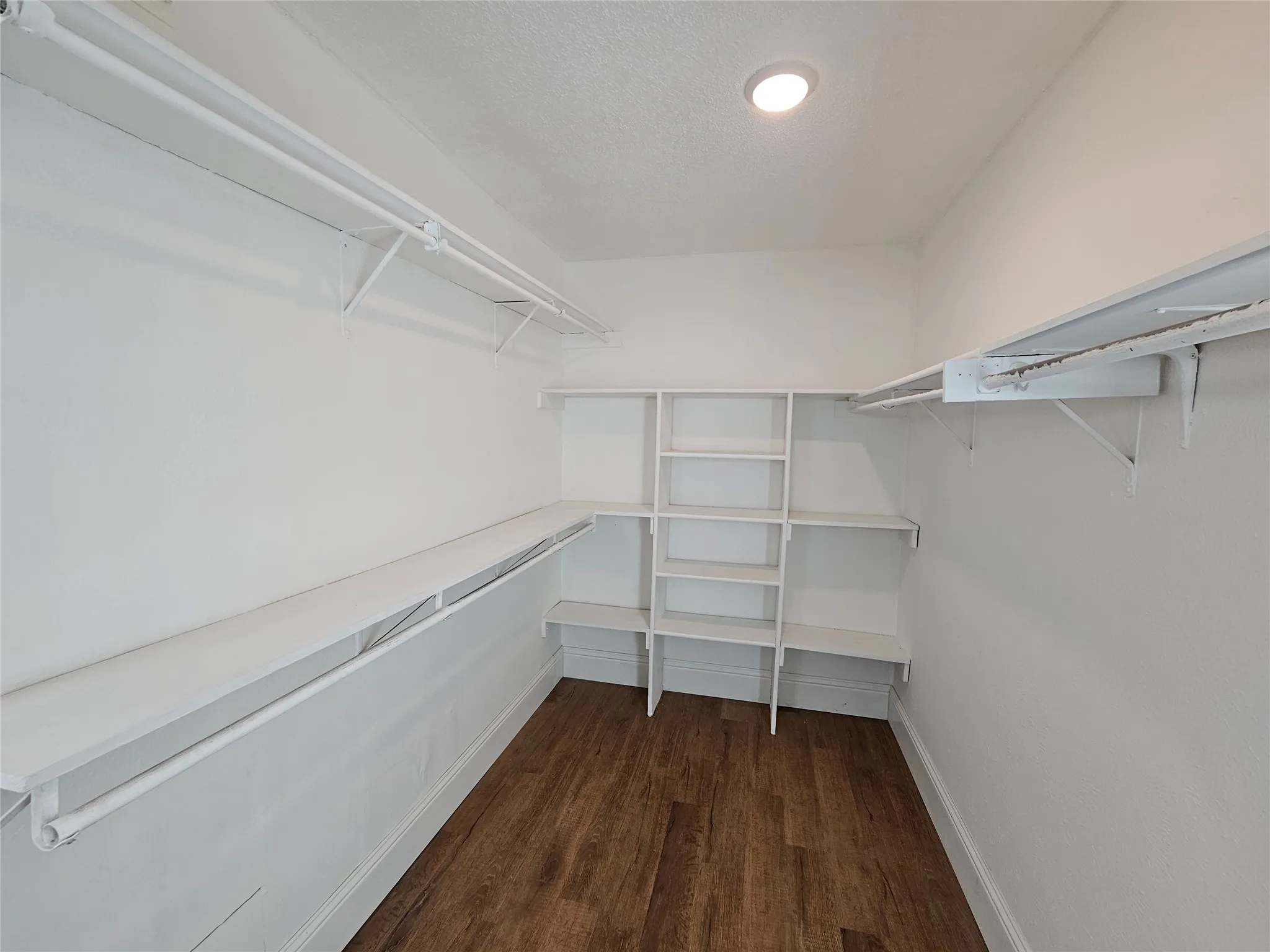 Walk-in closet featuring built-in shelving, white walls, wood-finish flooring, and recessed lighting